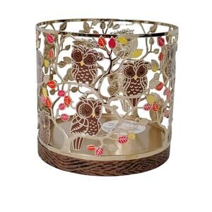Bath & Body Works Sleeping Owl Gold Metal 3 Wick Candle Holder Leaves Fall Color